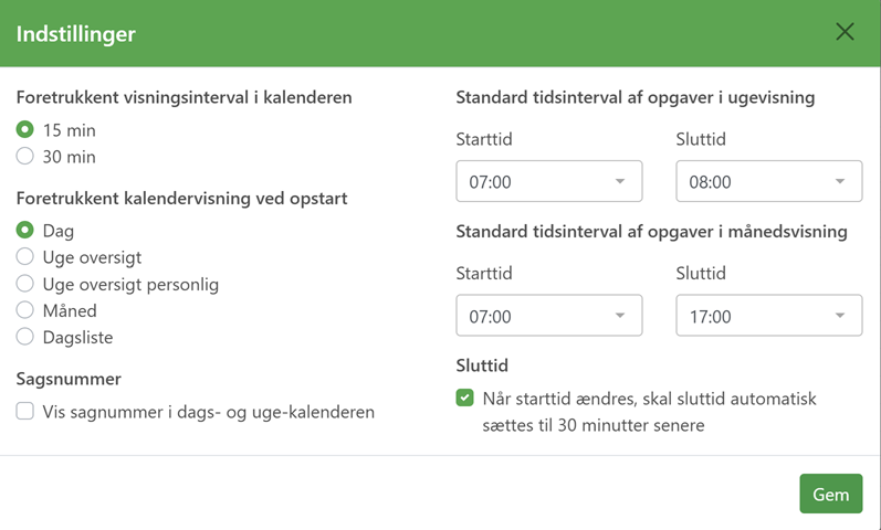 Grundindstillinger i kalenderen