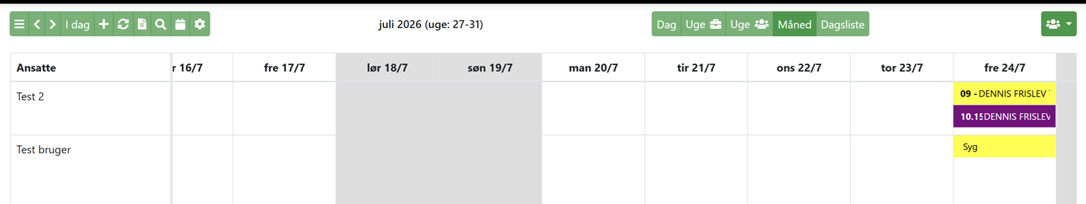 Månedsvisning opdelt på medarbejdere