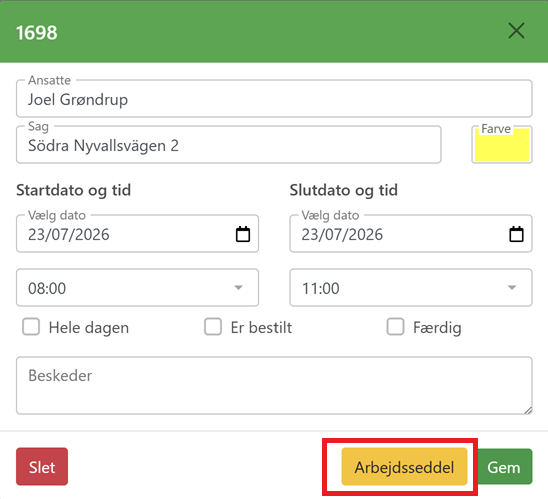 Arbejdssedlen bag eventet i kalenderen